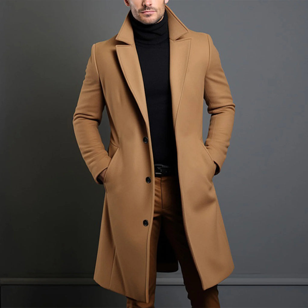 Men's Long Trench Coat – Elegant Single-Breasted Overcoat