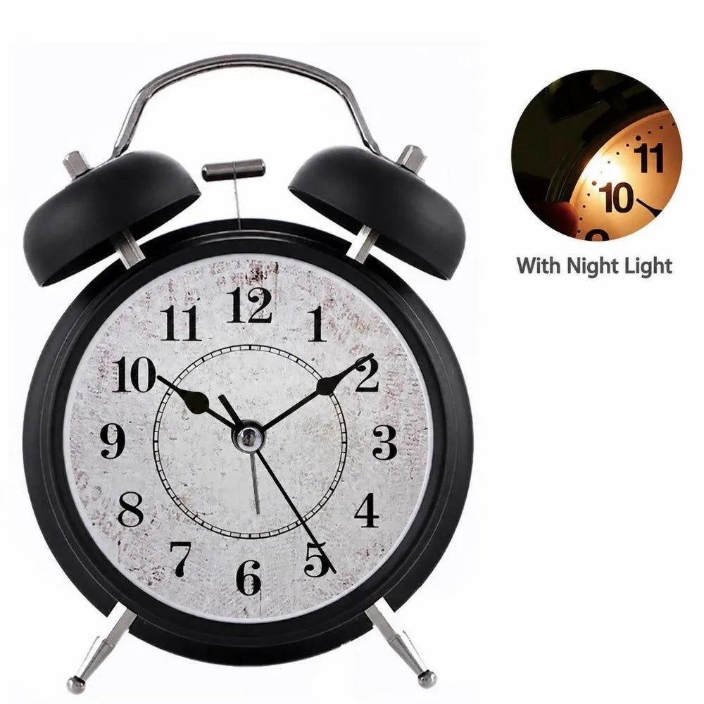 4-Inch Retro Alarm Clock Black & Gold | Night Light & Silent