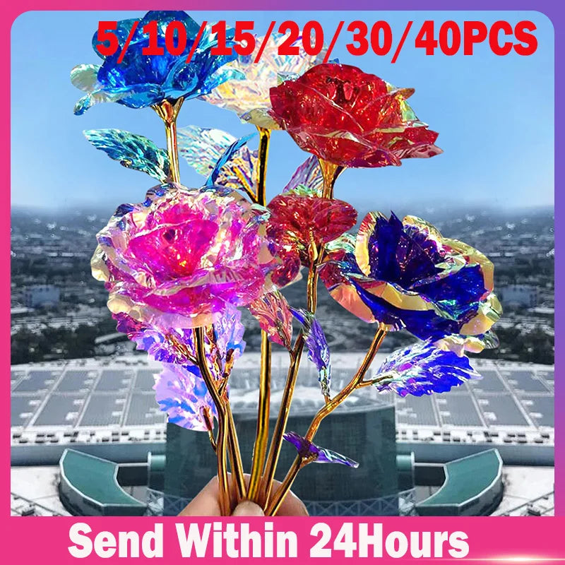 5-Pc Luminous Gold Foil Rainbow Artificial Rose Bouquet