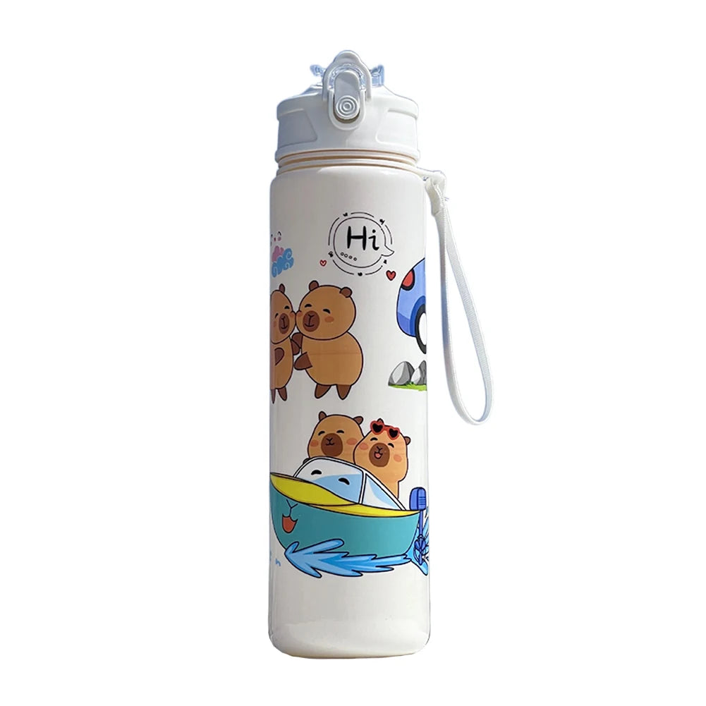 Capybara Kawaii Sports Water Bottle 700ml – Straw & Handle