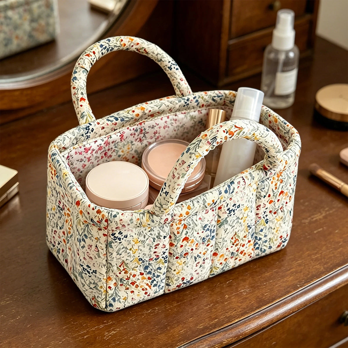Pink Floral Quilted Storage Basket with Handle – Foldable