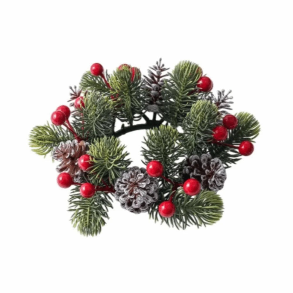 Christmas Pine Cone Red Berry Candle Wreath Table Centerpiece