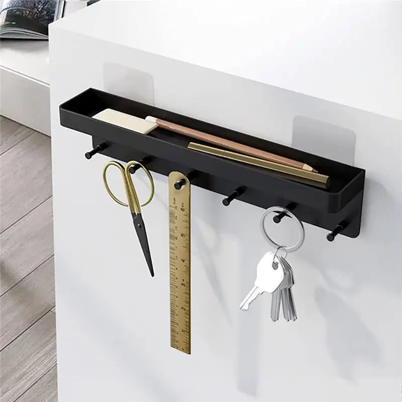 Wall-Mounted Key Rack with Shelf & 6 Hooks – Black Steel