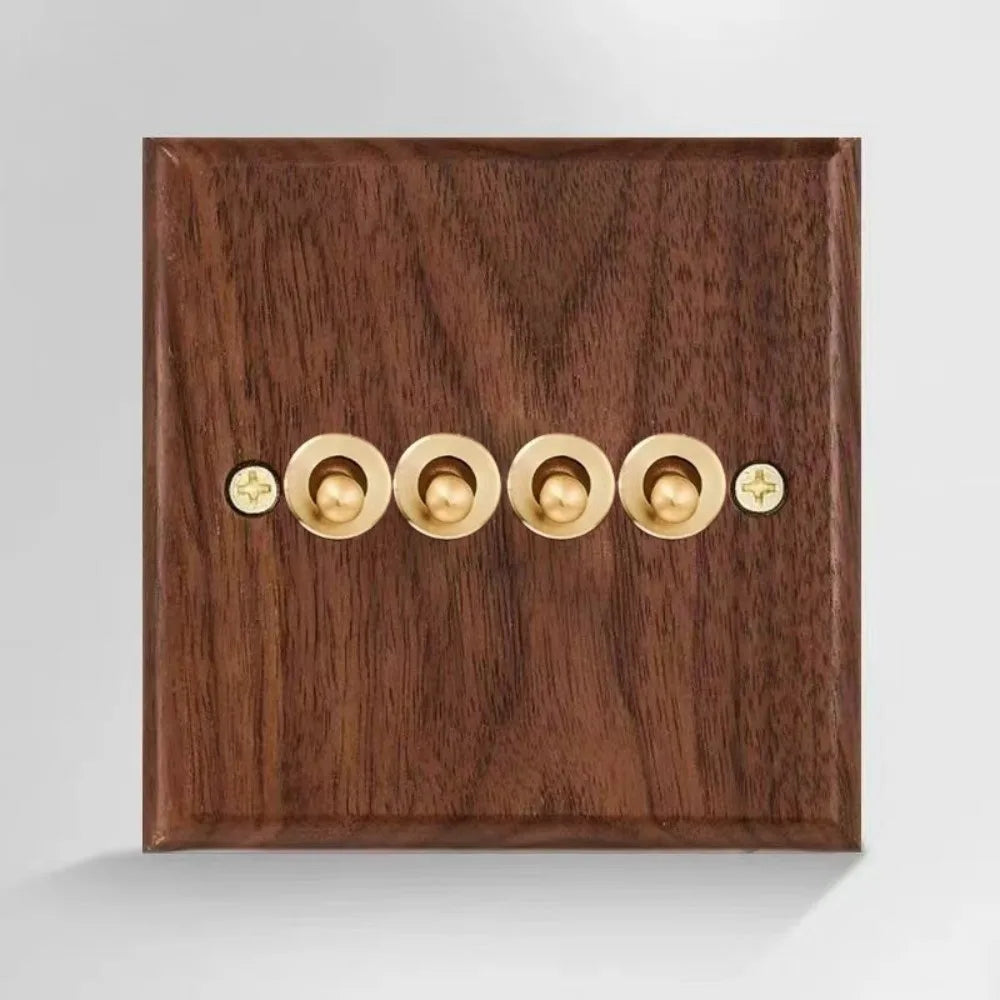 Walnut Wood Brass Toggle Wall Switch & Socket Panel 86mm