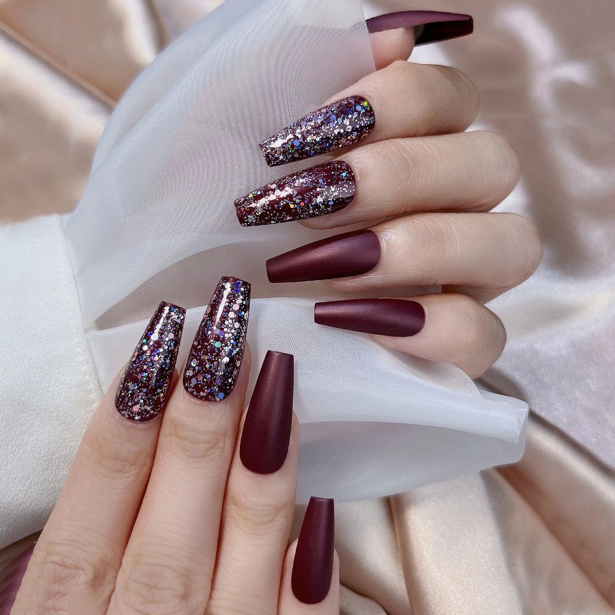 Burgundy Matte Coffin Press On Nails 24pc Holographic Glitter