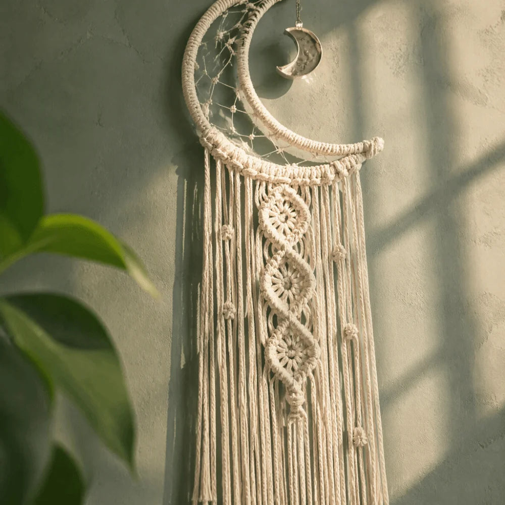 Moon Dream Catcher Cotton Macrame White Wall Hanging 94cm