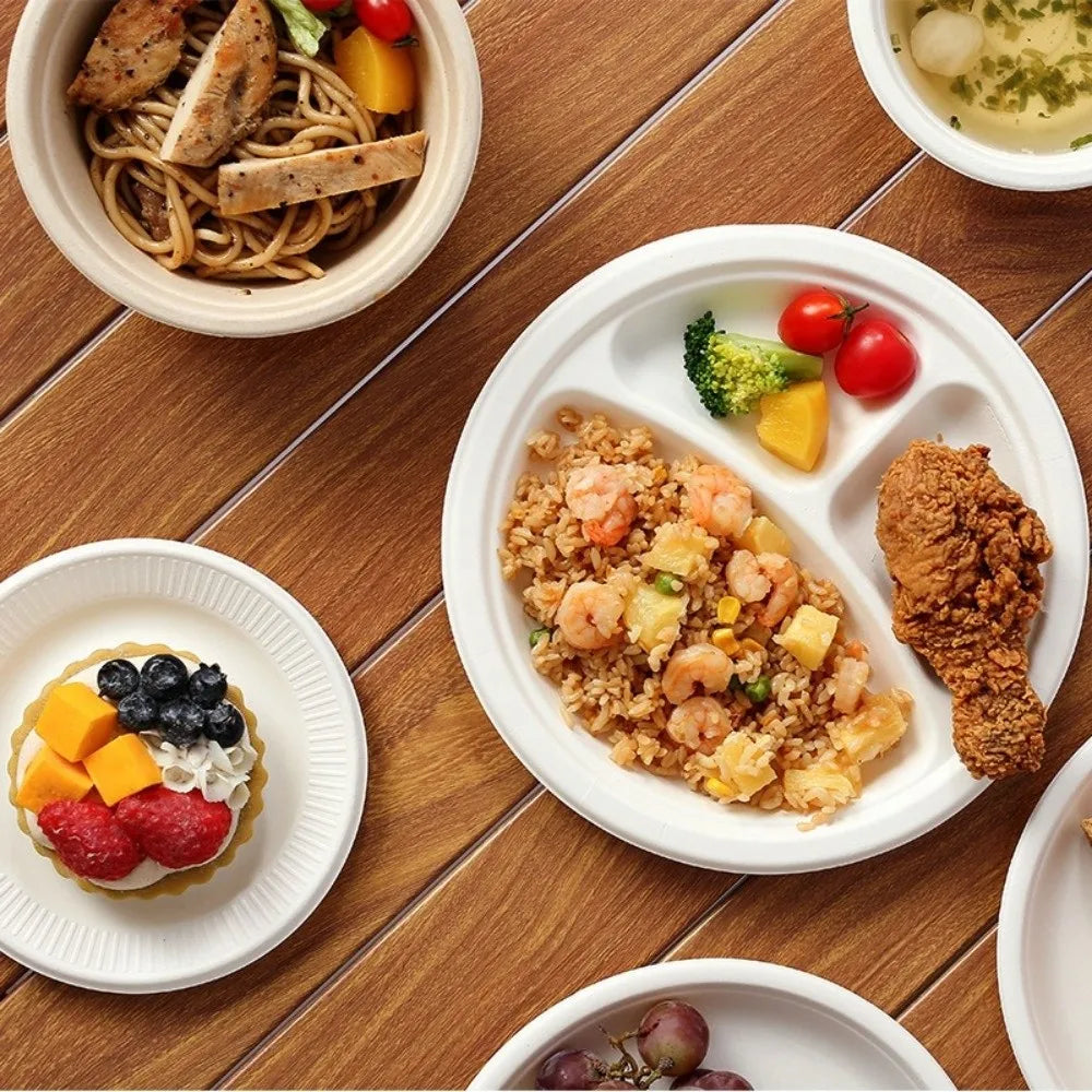 50-Pack Disposable Round Paper Plates – Oil Resistant, Eco-Friendly