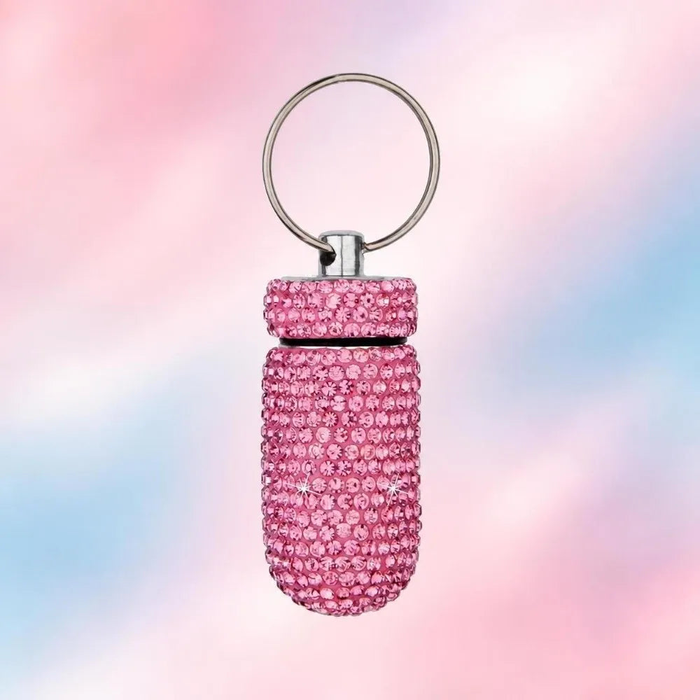 Rhinestone Keychain Pill Case – Waterproof Aluminum Holder