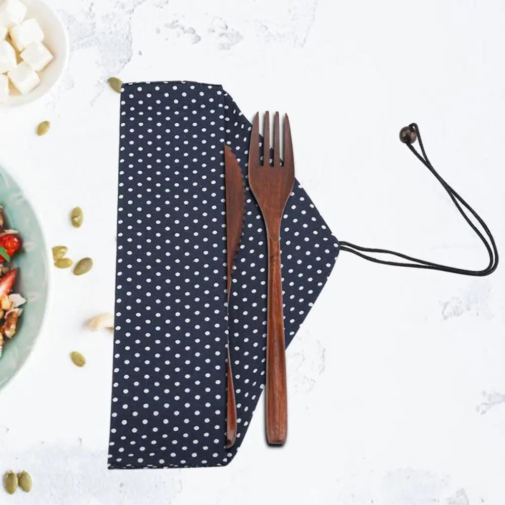 Reusable Wooden Cutlery Set – Knife Fork Spoon with Carry Bag