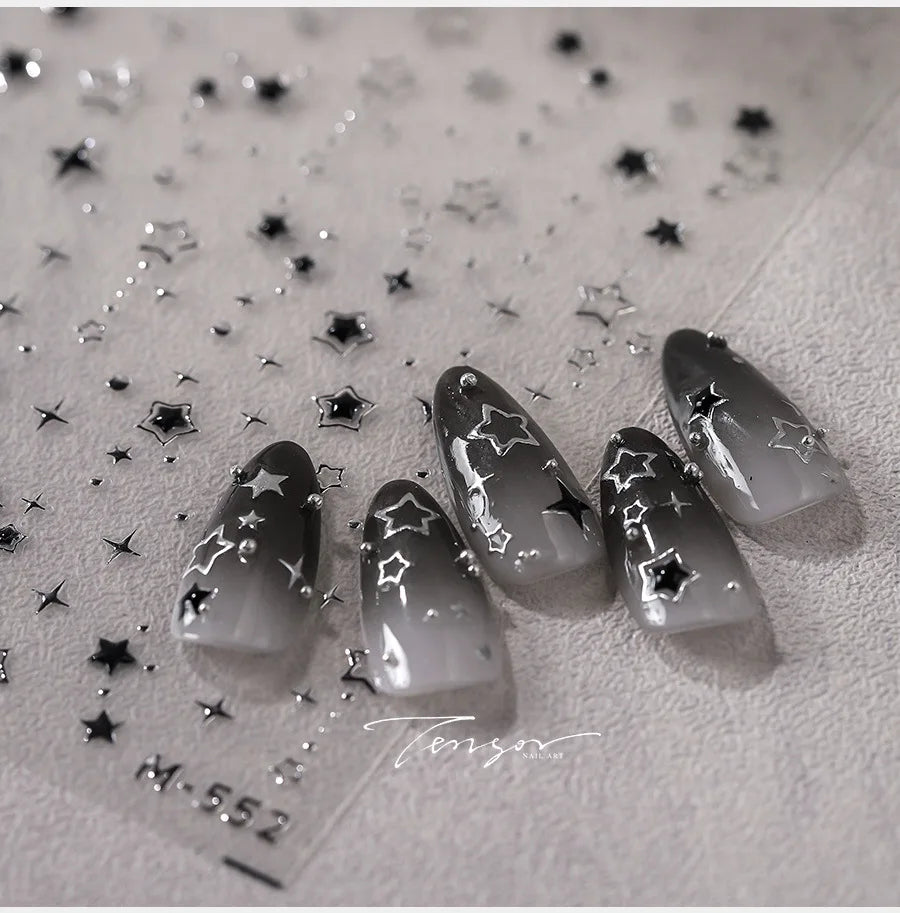 5D Luxury Star Nail Stickers – Black Silver Gilding Decals