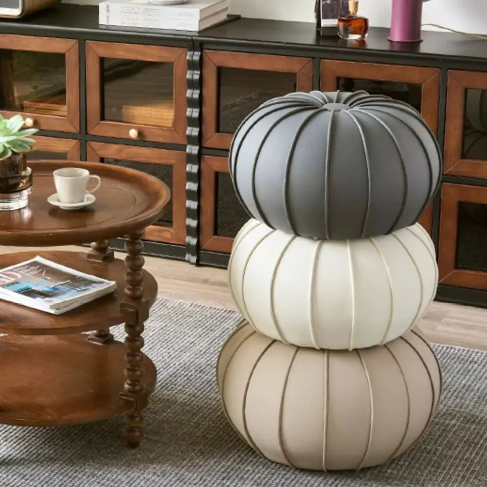 Leather Fillable Round Ottoman Pouf | Modern Low Profile Stool