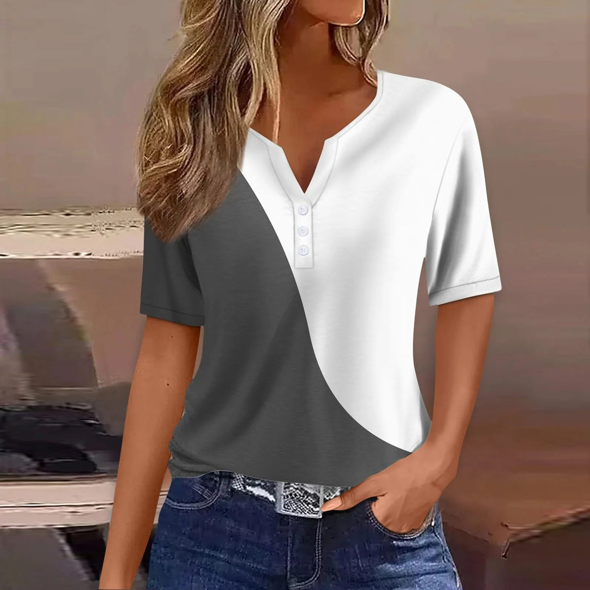 Women's Patchwork V-Neck T-Shirt Short Sleeve Casual Top S–XXXL