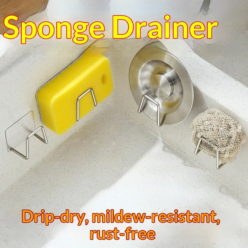 Self-Adhesive Stainless Steel Sink Sponge Rack & Hook