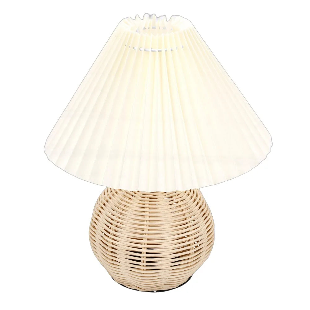 Pleated Fabric Table Lamp – Rattan Base, 3 Color Temps