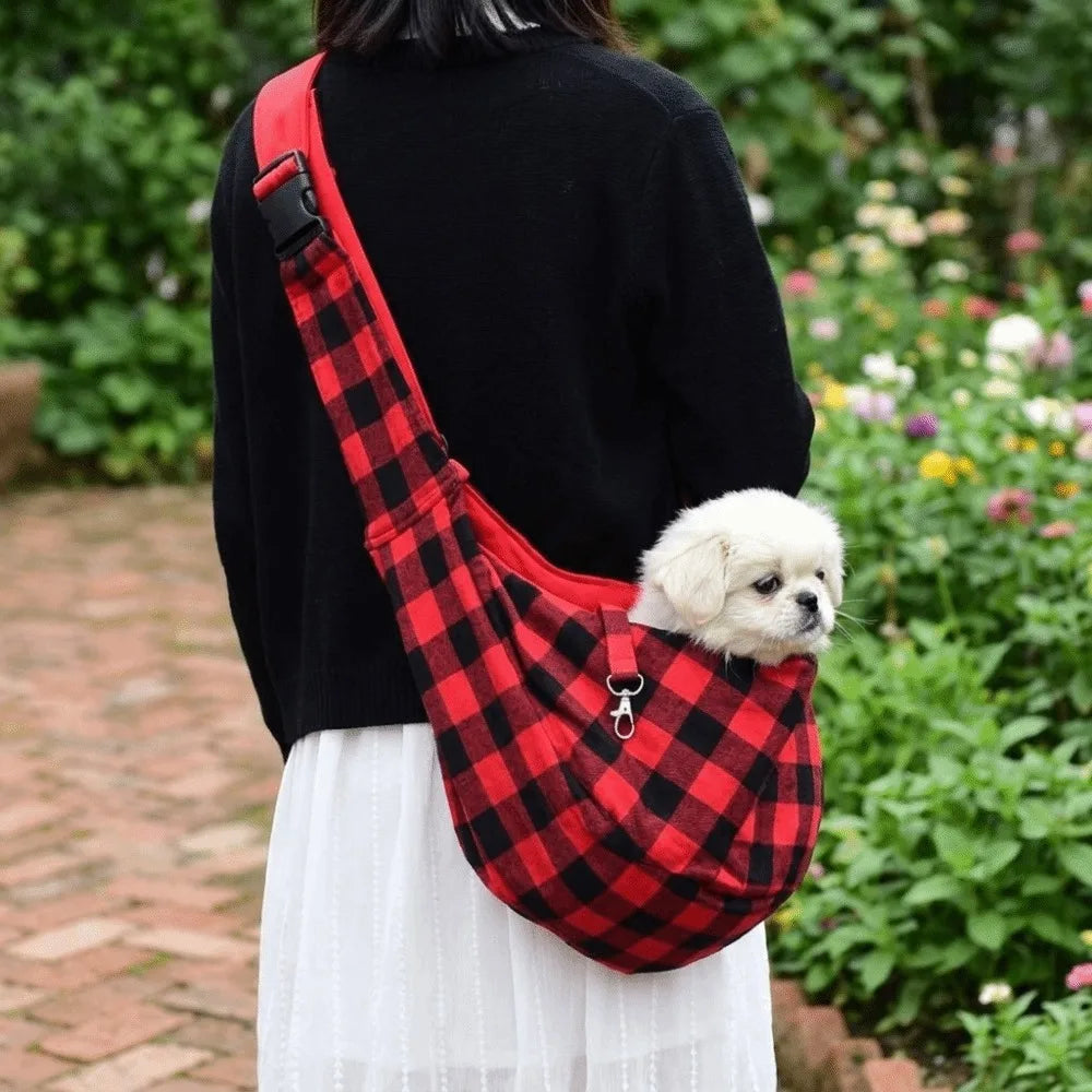 VIBE Breathable Mesh Pet Sling Carrier – Red Black Plaid Bag
