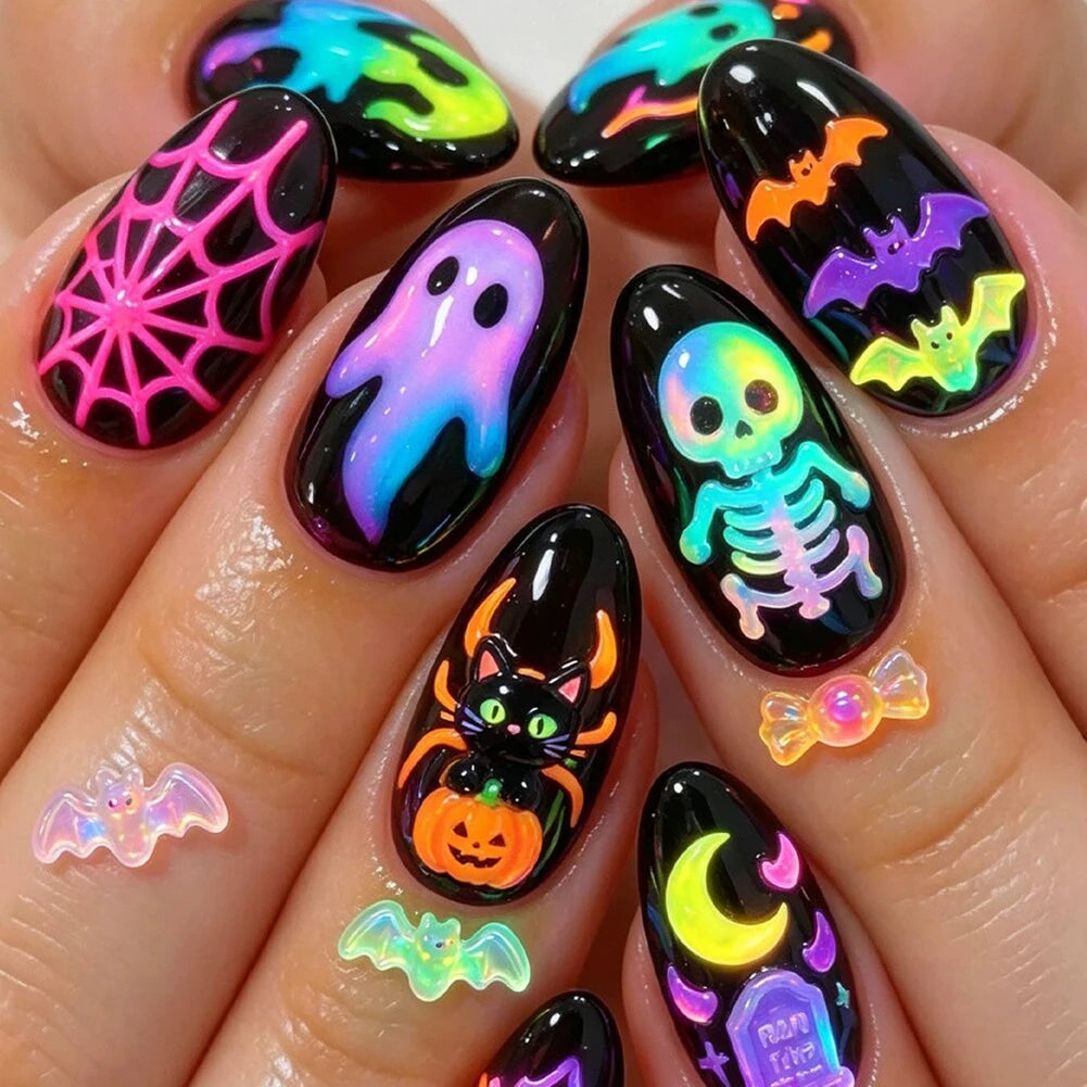 Halloween Black Ghost Press-On Nails – Oval Manicure Kit