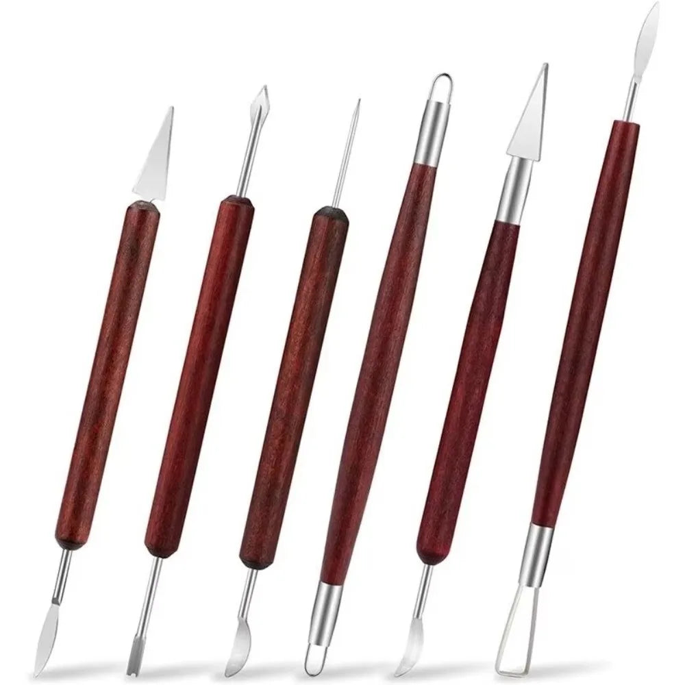 6-Piece Clay Sculpting Set – Double-Ended Wire Tools, Red Wood