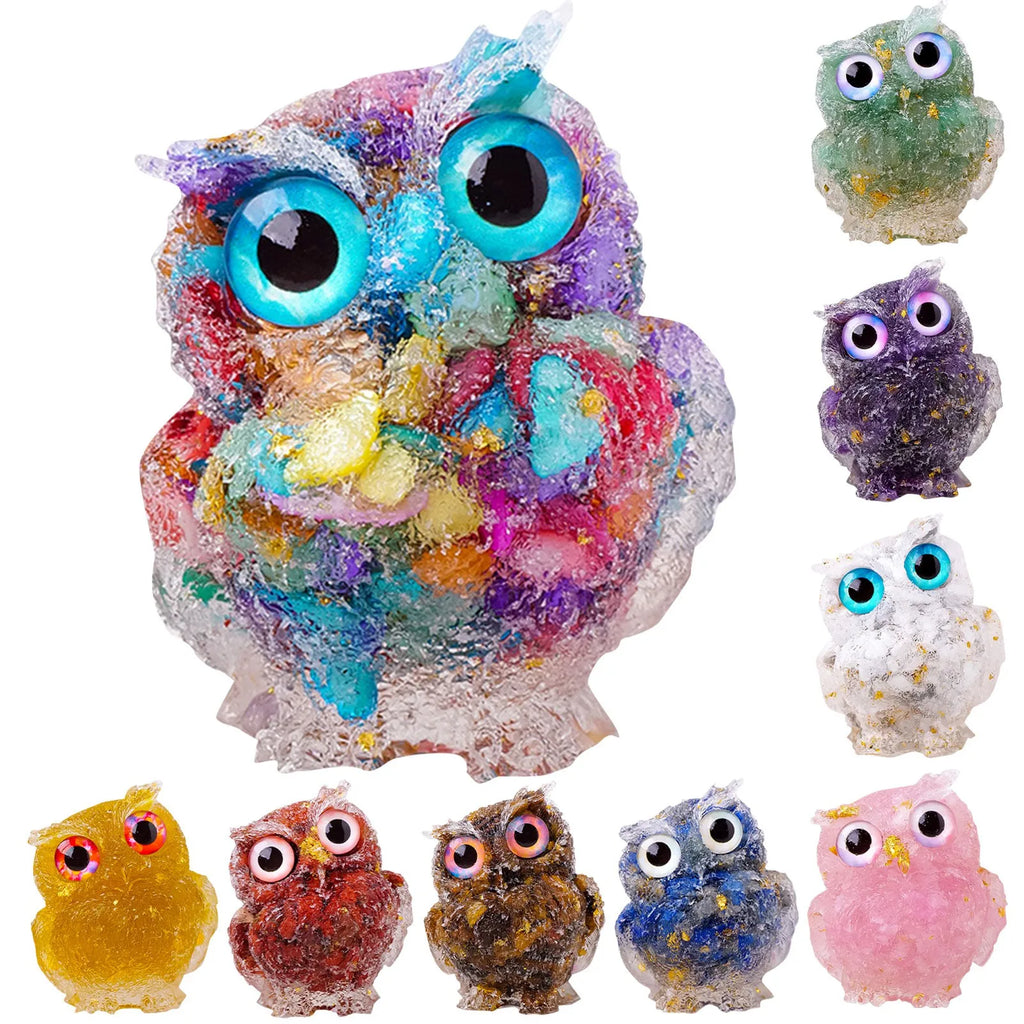 Crystal Owl Figurine – Amethyst & Rose Quartz Resin Ornament