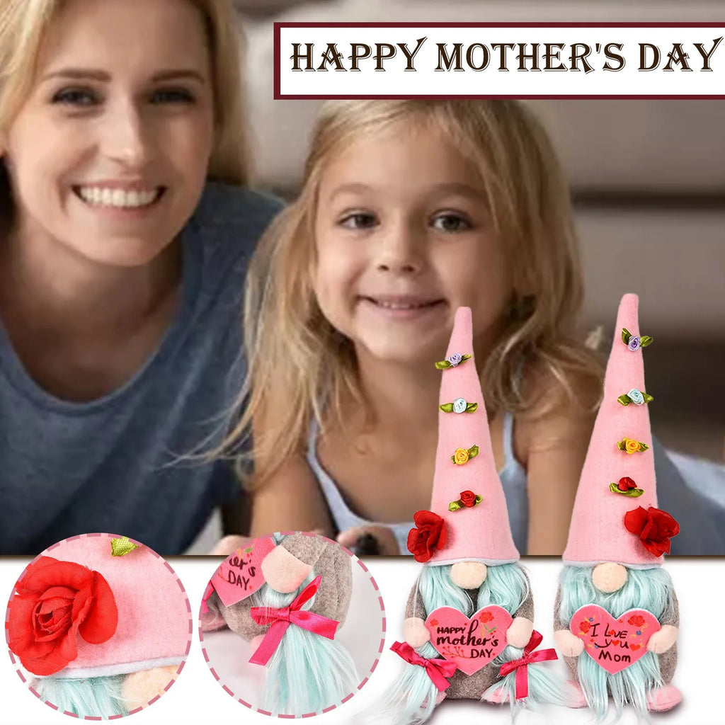 Handmade Gnome Figurine Set – Pink Rose Mother's Day Ornament