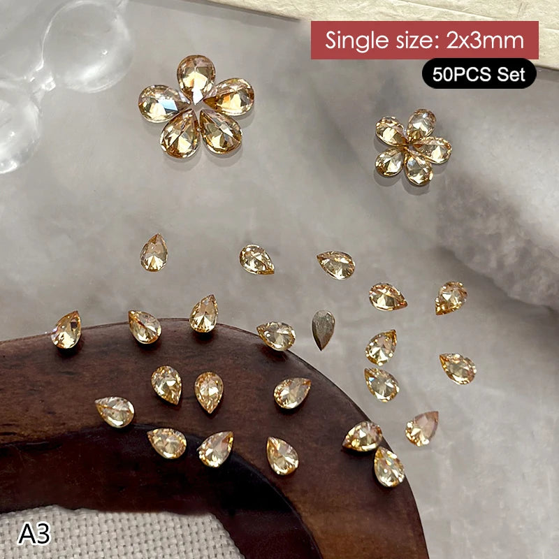 50Pcs Water Drop Zircon Nail Rhinestones 3D Flatback Crystal Gems