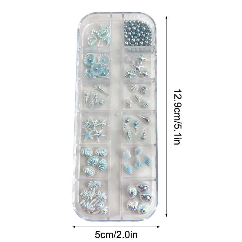 12-Grid Ocean 3D Nail Charms – Shells, Starfish & Mermaid