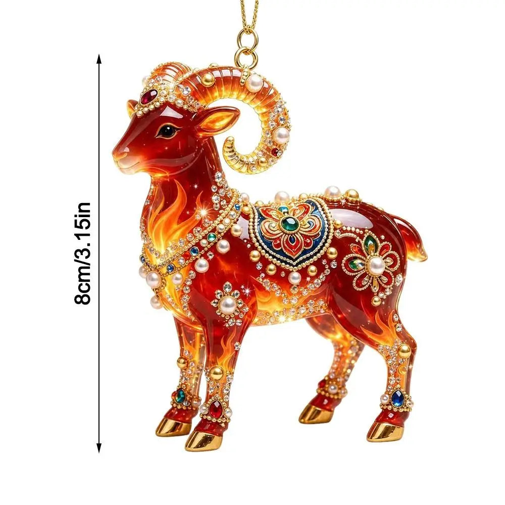 Acrylic Chinese Zodiac Goat Pendant – Red & Gold Car Keychain