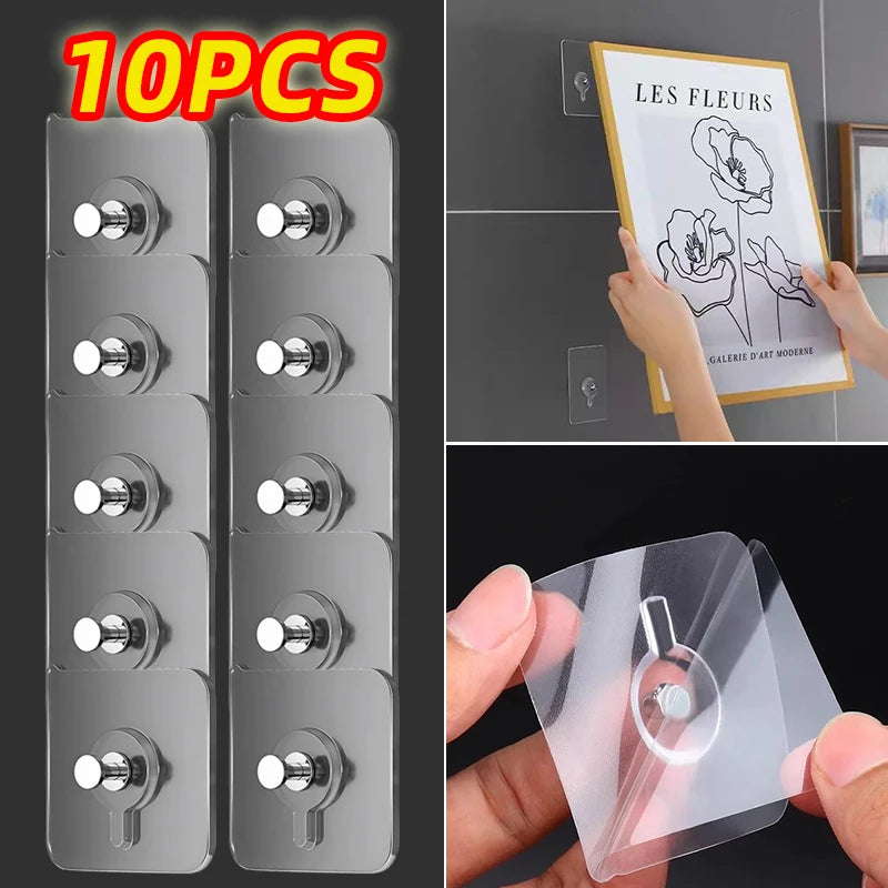 10-Pack Self-Adhesive Wall Hooks – No-Drill Transparent Hangers