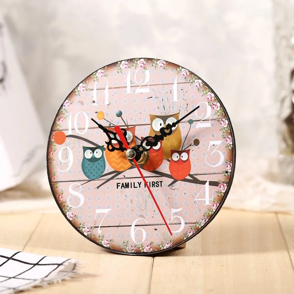 Wooden Owl Wall Clock 4.72in Round Quartz Desk & Wall Clock