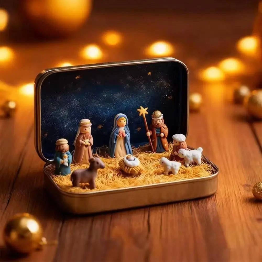 Mini Christmas Nativity Figurine Set with Tin Box | Resin Scene