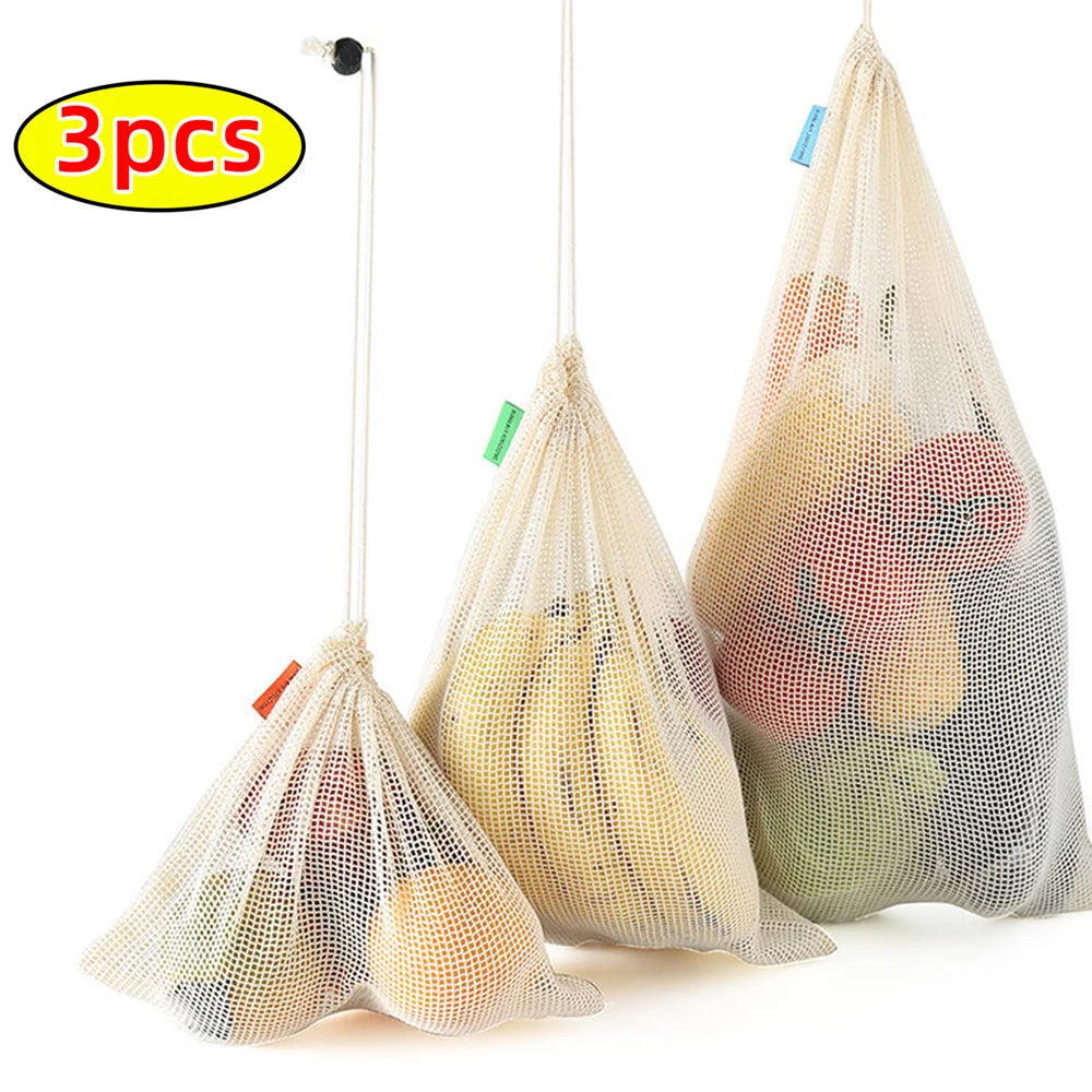 3-Pack Reusable Cotton Mesh Produce Bags with Drawstring