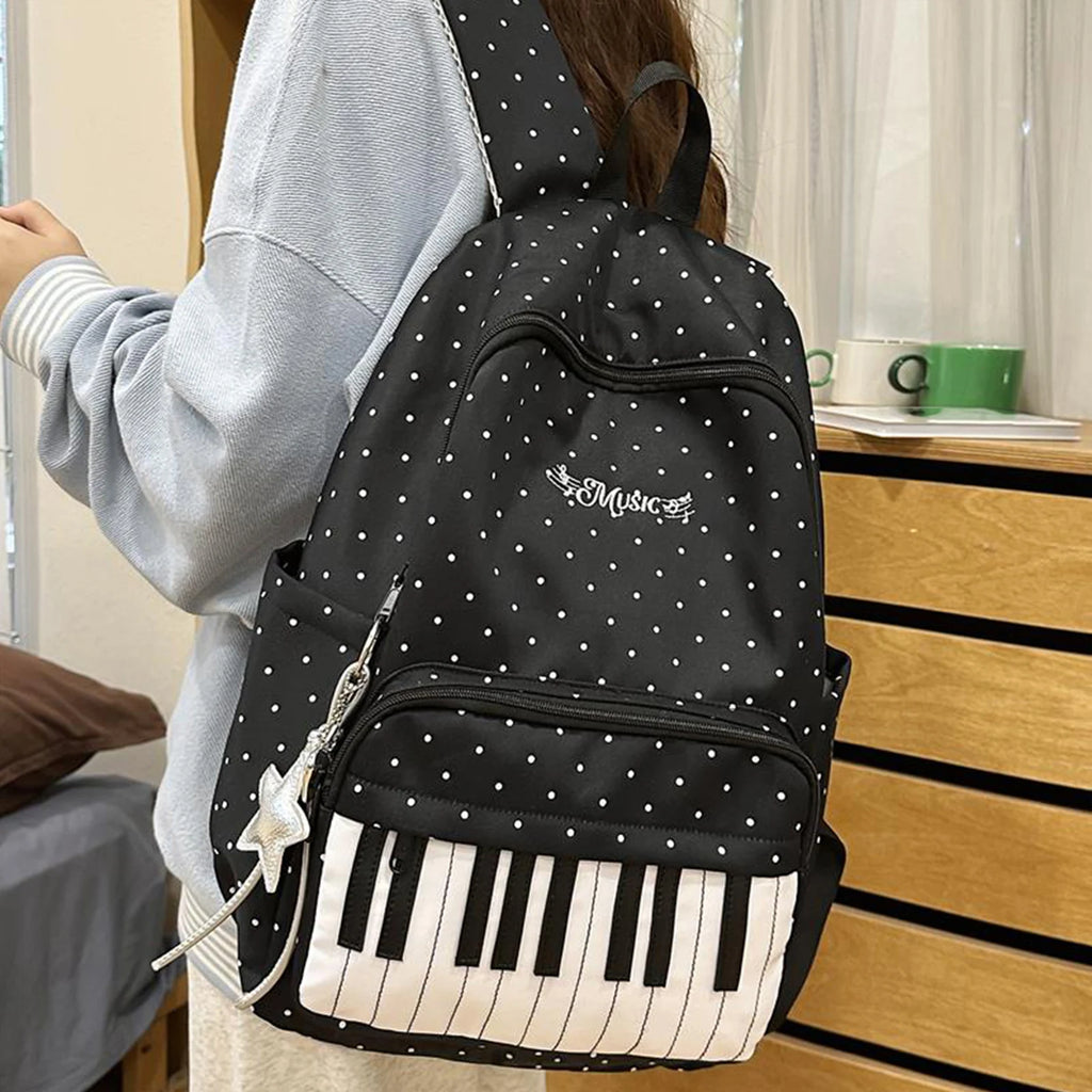 Women's Nylon Backpack Polka Dot Piano Key Design with Pendant