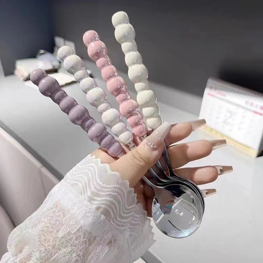 Pearl Handle Dessert Spoon – Long Stirring Spoon, 5 Colors