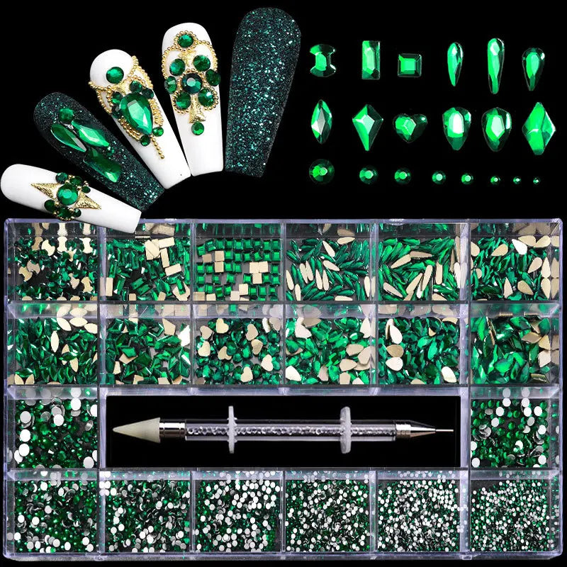 480pcs Nail Rhinestone Set – 21 Grid Mixed Diamond Gems