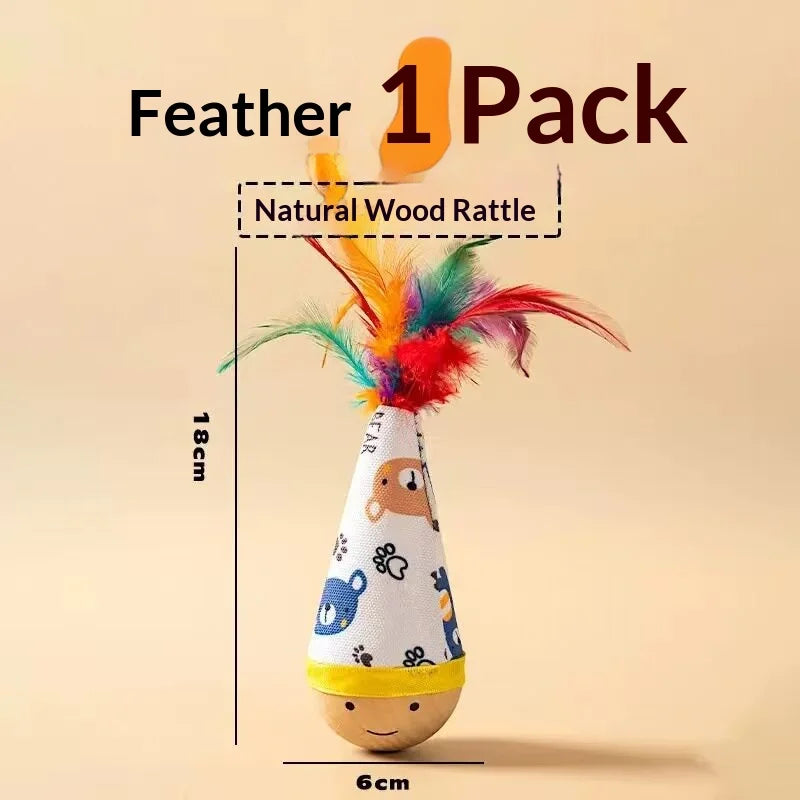 Beech Wood Tumbler Cat Toy – Feather Wobble Kitten Toy
