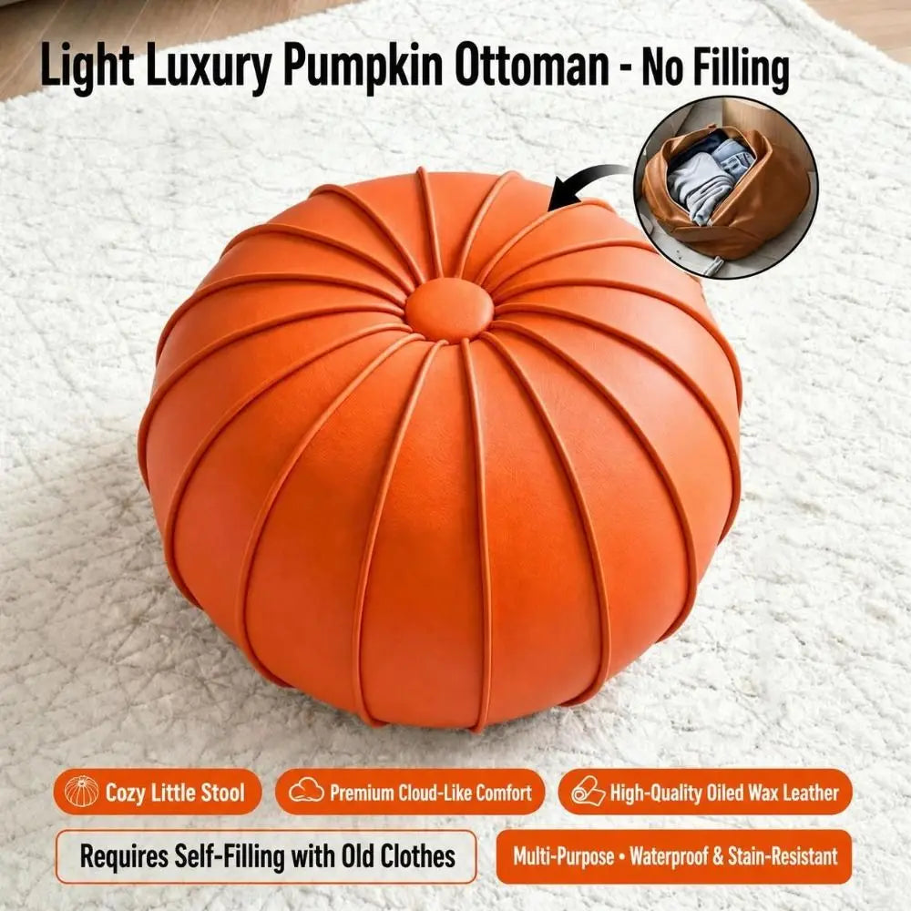 Leather Fillable Round Ottoman Pouf – Modern Low Profile Stool