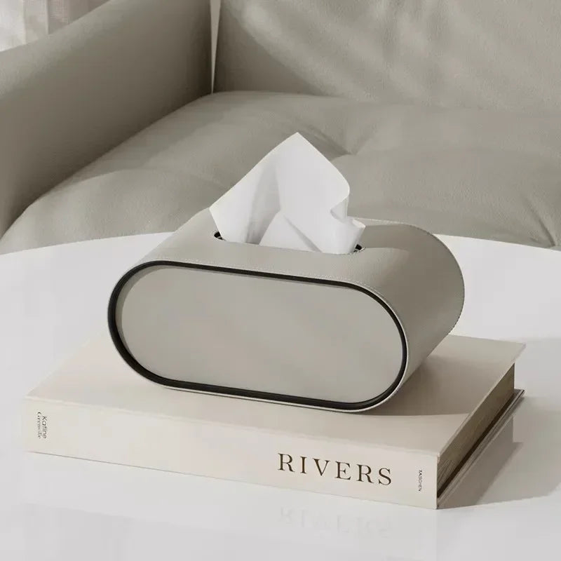 Luxury Oval Leather Tissue Box Cover – Modern Desktop Holder