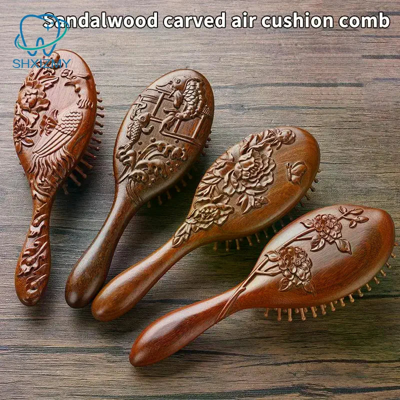 Hand Carved Sandalwood Wooden Air Cushion Comb & Scalp Brush