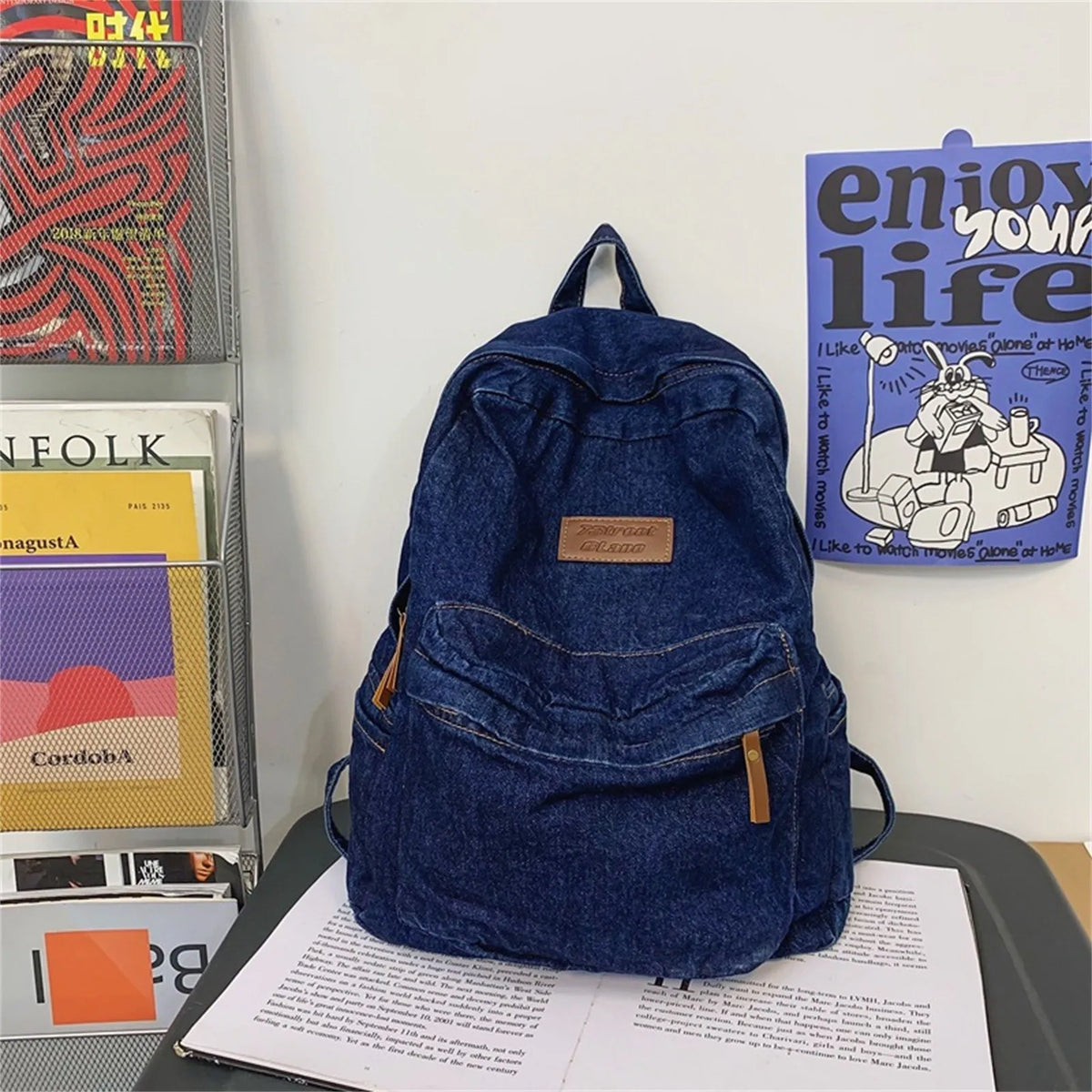 Vintage Washed Denim Backpack – Retro Rucksack for Women