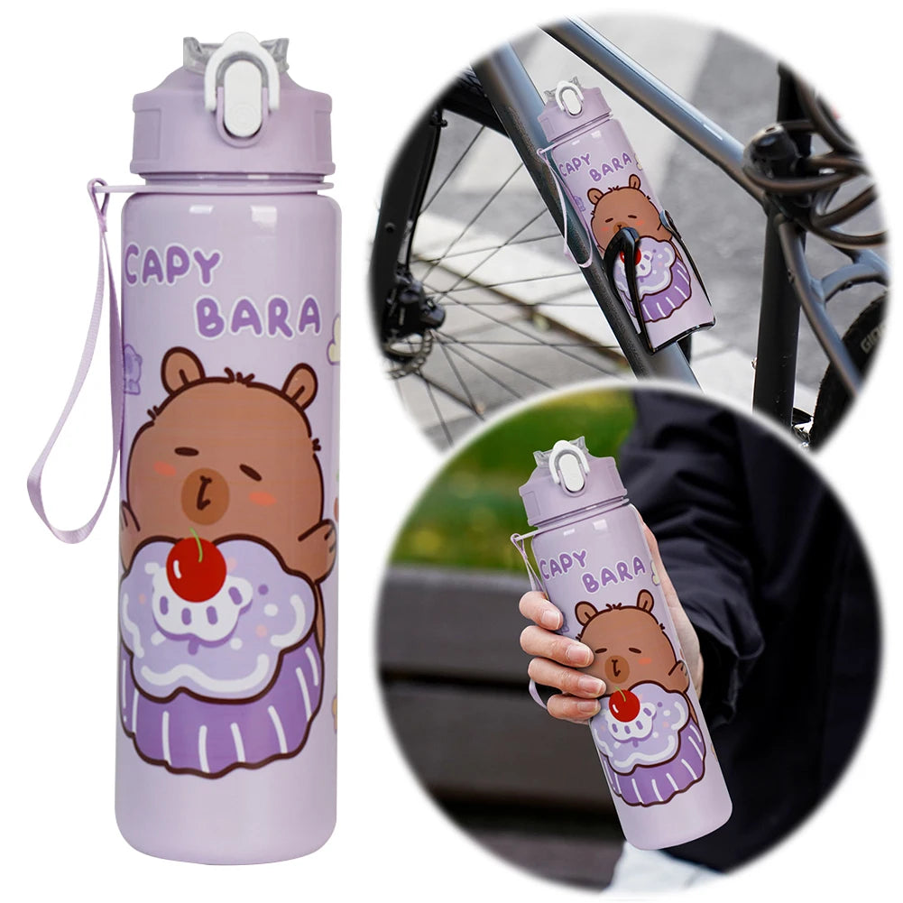 Capybara Kawaii Sports Water Bottle 700ml – Straw & Handle