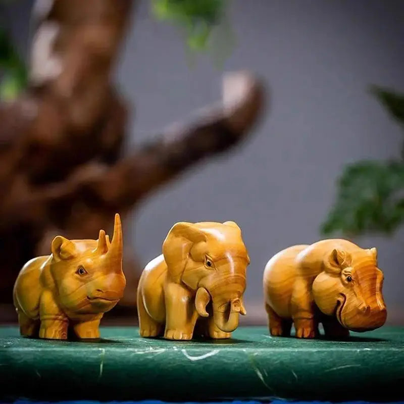 Hand-Carved Wood Animal Figurines – Rhino, Hippo & Elephant