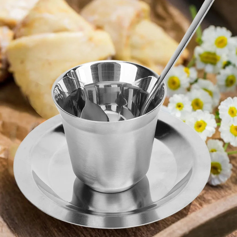 304 Stainless Steel Double Wall Coffee Cup Set 80ml | Saucer & Spoon