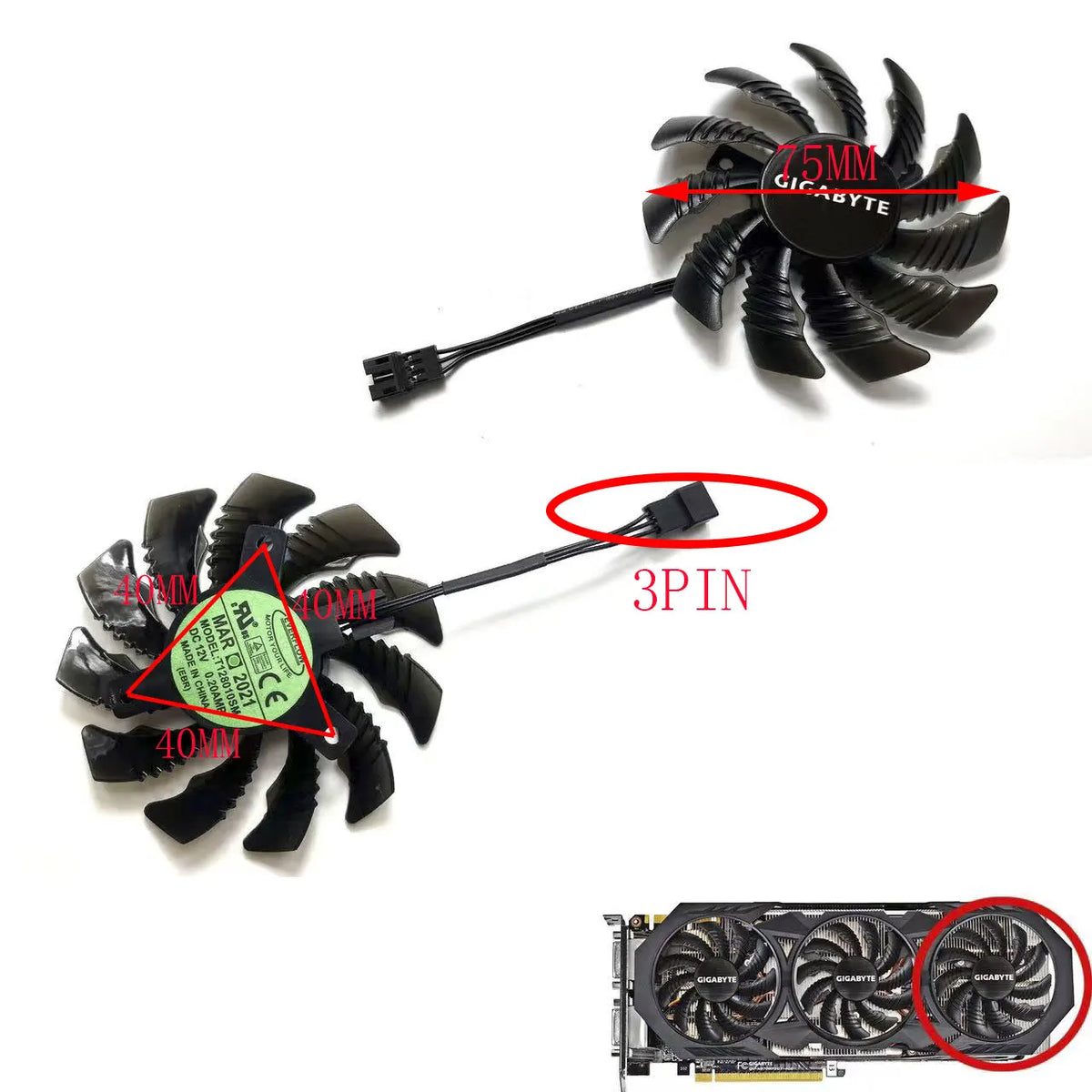 75mm GPU Fan Replacement for Gigabyte GTX 970 Windforce 3-Pin
