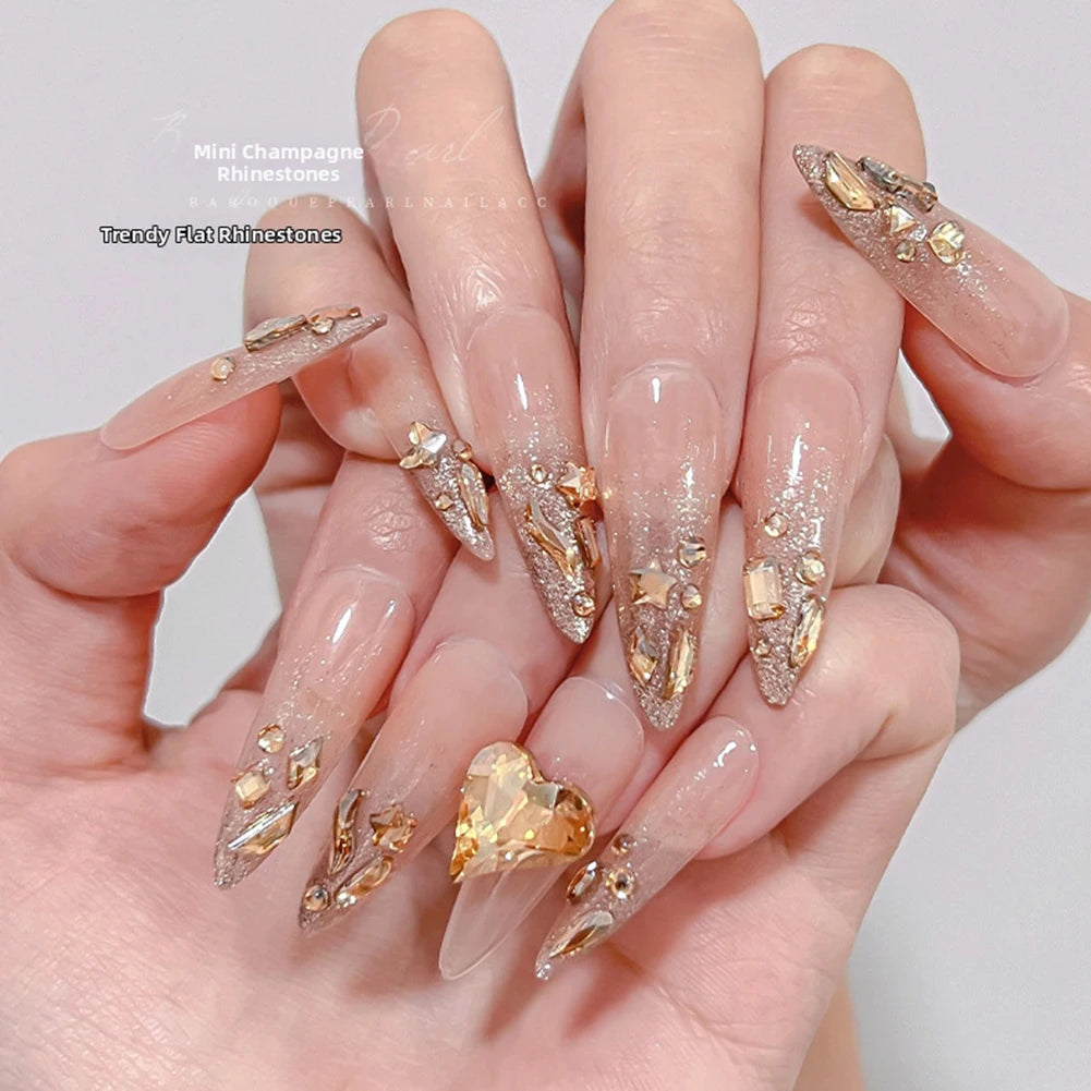 100pcs Champagne Gold Nail Rhinestones – Irregular Crystal Gems Set