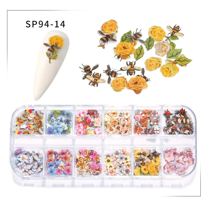 12-Grid Autumn Leaf Nail Sequins & Floral Charm Decoration Set