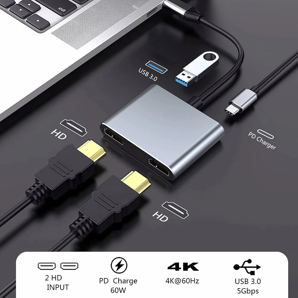 USB-C 4K Dual HDMI Hub – USB 3.0 & 60W PD Charging Dock