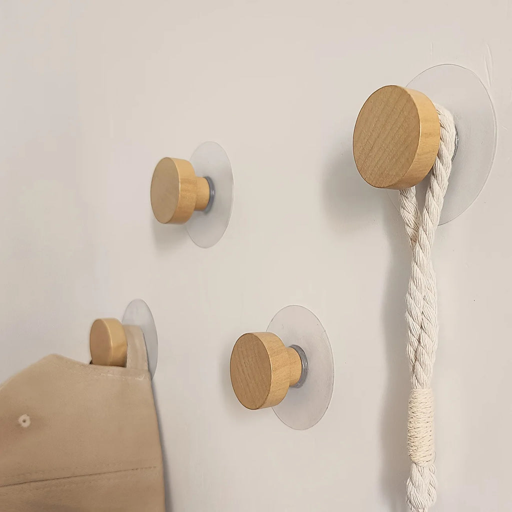 Self-Adhesive Wooden Wall Hooks 4-Pack | Multi-Purpose Hanger