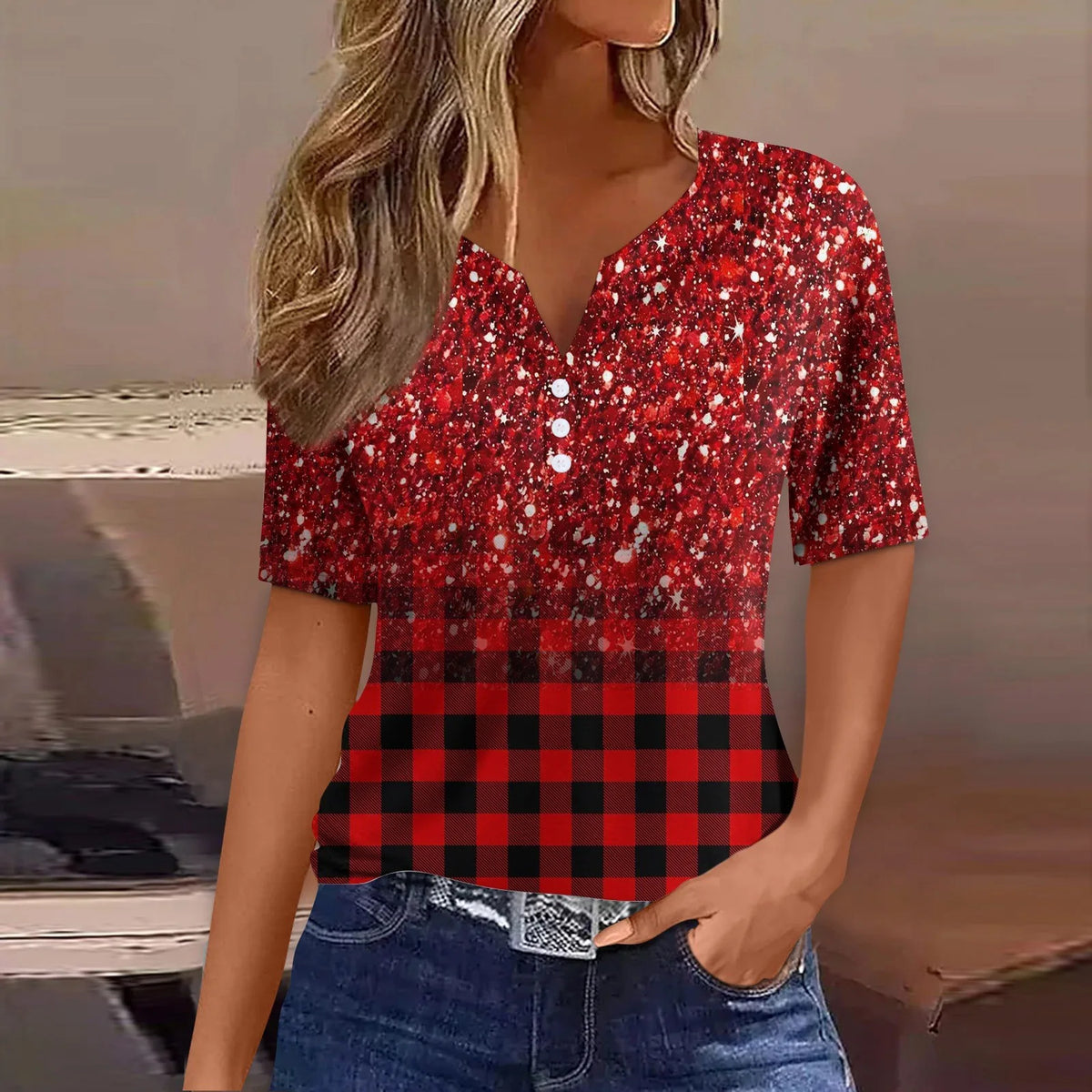 Women's Patchwork V-Neck T-Shirt Short Sleeve Casual Top S–XXXL