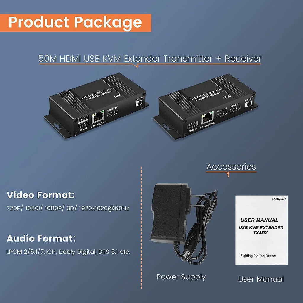 HDMI KVM Extender 60m Cat5e/6 1080P USB POC Loop Out TX RX