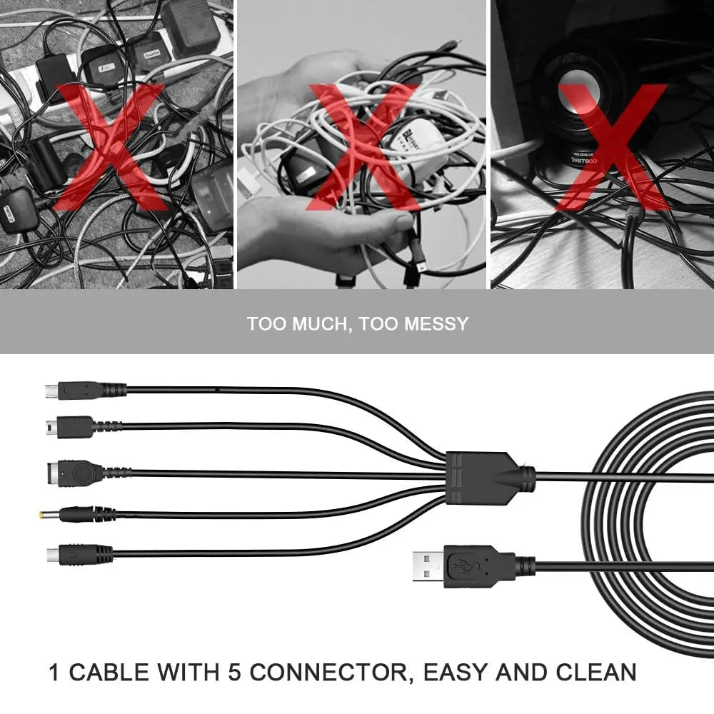 5-in-1 USB Charging Cable for 3DS, GBA SP, PSP & Wii U