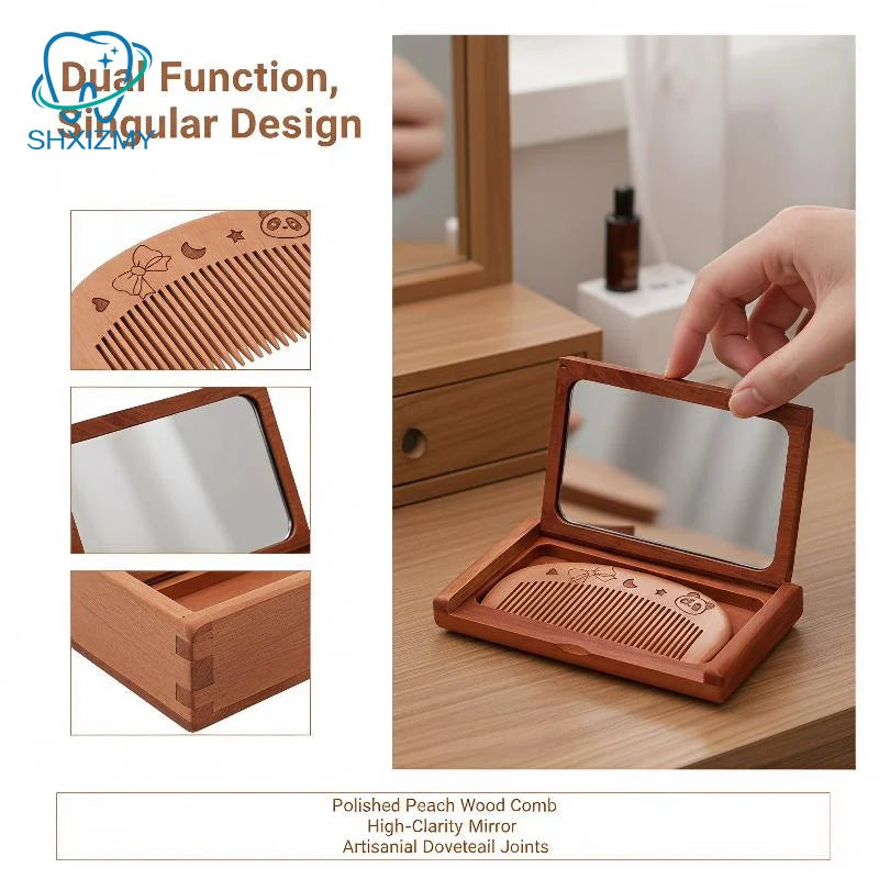 Peachwood 2-in-1 Folding Pocket Mirror & Comb Kit